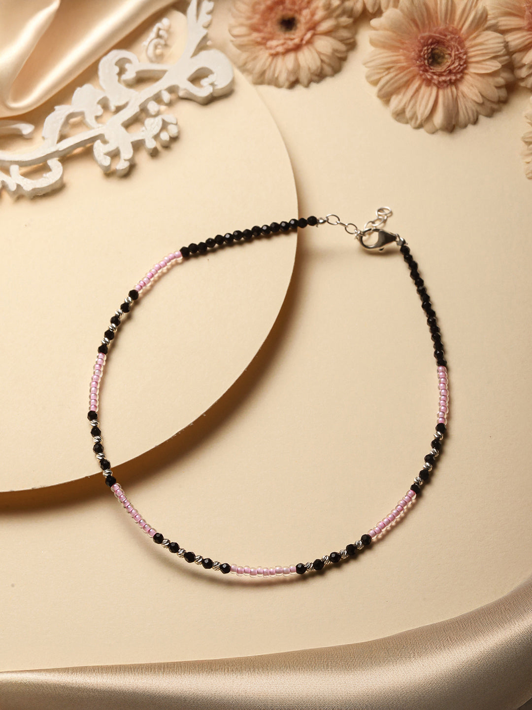 925 Sterling Silver Black & White Beads Designer Minimal  Anklet